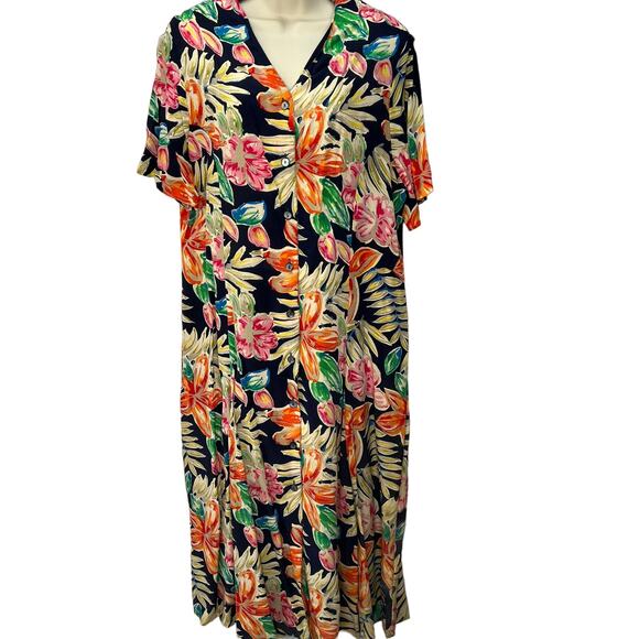 La Chine Plus Silk Shirt Dress Blue Tropical Floral Size 12W Short Sleeve Button - Picture 1 of 5